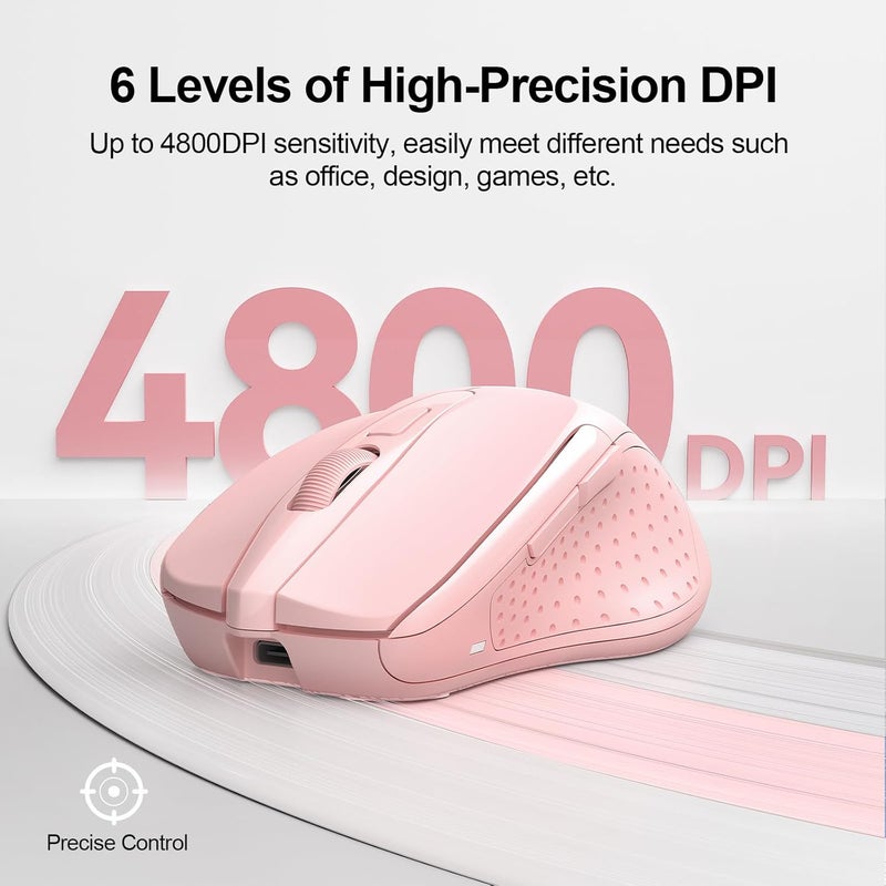TECKNET Wireless Mouse (BT5.0/3.0 & 2.4G) Rechargeable 4800 DPI Silent USB A & Bluetooth Mouse 6 Buttons, Wide Compatibility - Pink - Image 5